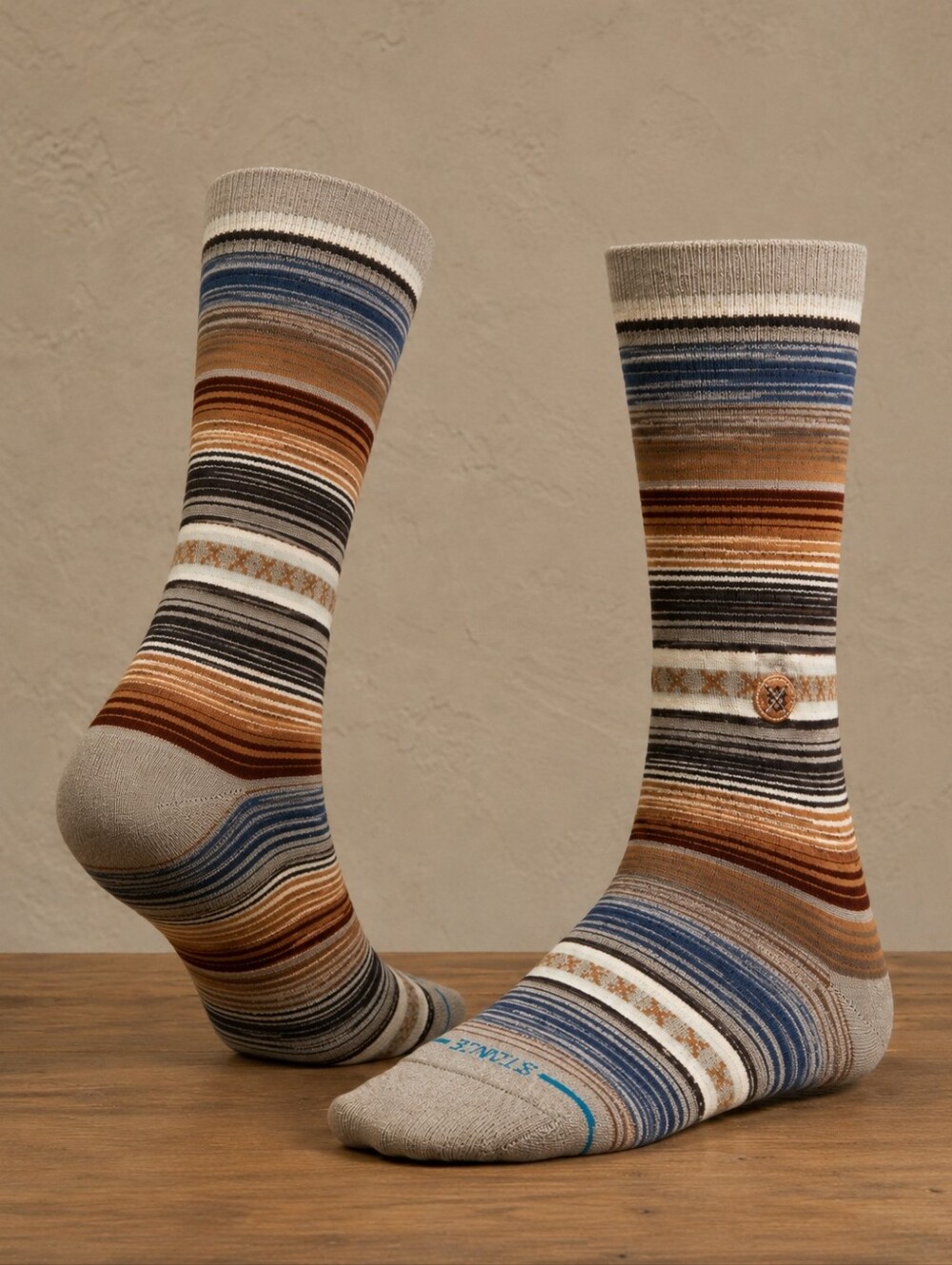 Stance Multicolor Striped Socks - Blue and Brown, Mens L 9-13 Cotton Blend Crew